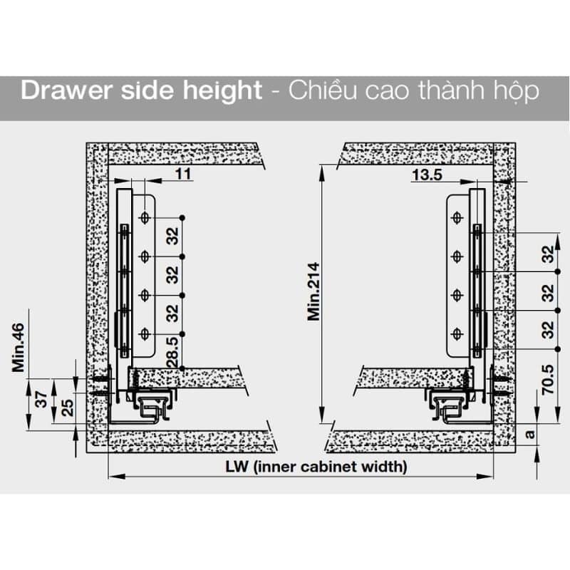 Kích thước ray hộp Alto-S chiều cao 170mm Hafele 552.35.385 Kích thước ray hộp Alto-S chiều cao 170mm Hafele 552.35.385