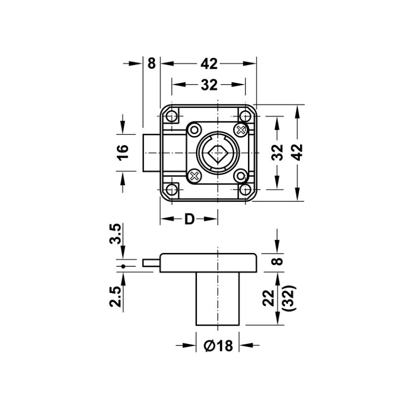 Kích thước vỏ khóa vuông chốt chết 26mm Hafele 232.26.651 Kích thước vỏ khóa vuông chốt chết 26mm Hafele 232.26.651