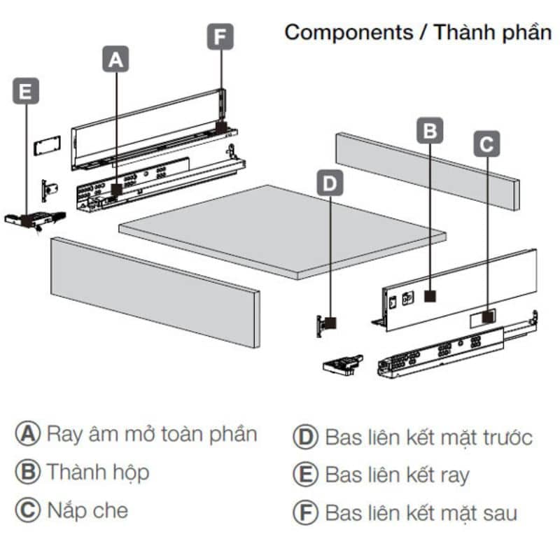 Cấu tạo ray hộp Hafele 552.55.306 Alto-S H80 mm màu xám đậm Cấu tạo ray hộp Hafele 552.55.306 Alto-S H80 mm màu xám đậm
