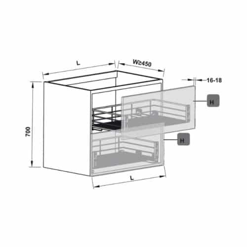 Bộ rổ kéo gắn với cánh Hafele 549.03.146 cho tủ rộng 900mm 3 Kích thước bộ rổ kéo gắn với cánh Hafele 549.03.146 cho tủ rộng 900mm