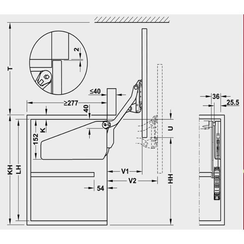 Kích thước bộ tay nâng FREE UP Hafele 493.05.791 nắp trắng Kích thước bộ tay nâng FREE UP Hafele 493.05.791 nắp trắng