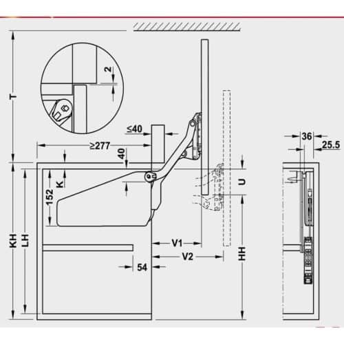 Bộ tay nâng FREE UP Hafele 493.05.801 nắp xám 5 Kích thước bộ tay nâng FREE UP Hafele 493.05.801 nắp xám