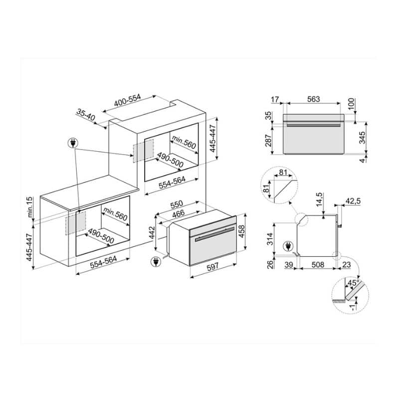 Kích thước lò nướng âm tủ Hafele Smeg SF4604WMCNR 536.64.861 Kích thước lò nướng âm tủ Hafele Smeg SF4604WMCNR 536.64.861