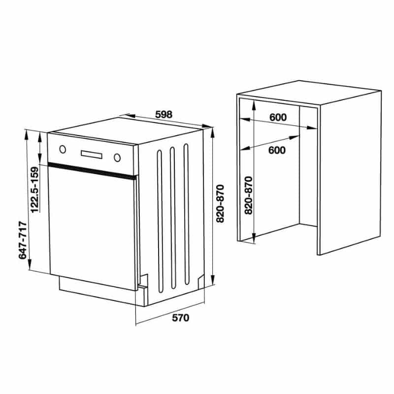 Kích thước của máy rửa bát âm bán phần Hafele HDW-HI60B 533.23.210 Kích thước của máy rửa bát âm bán phần Hafele HDW-HI60B 533.23.210