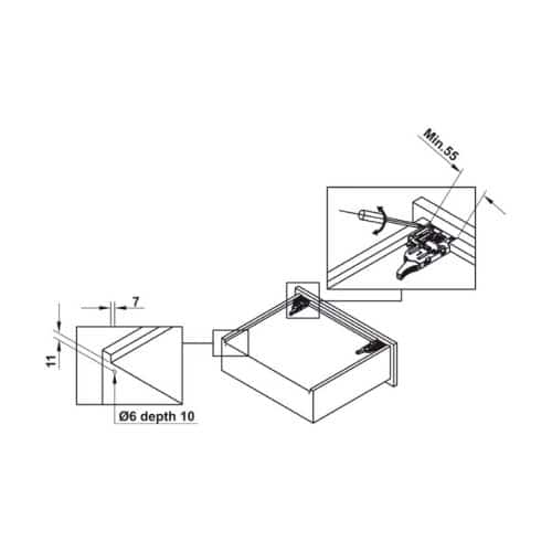 Kích thước ray âm giảm chấn EPC EVO mở 3/4 550mm Hafele 433.32.506