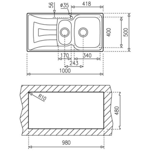 Kích thước chậu rửa bát Teka UNIVERSO 1 1/2B 1D