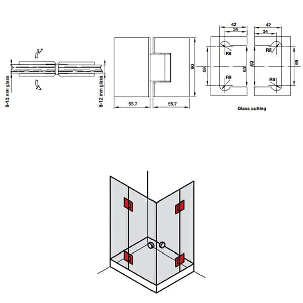 Kích thước của Bản lề kính - kính 180º màu đen Hafele 981.77.903 Kích thước của Bản lề kính - kính 180º màu đen Hafele 981.77.903