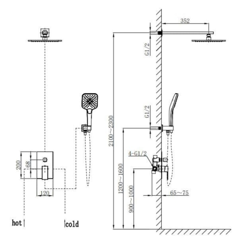 Kích thước sen tắm âm tường nóng lạnh Paul Schmitt PA602W Kích thước sen tắm âm tường nóng lạnh Paul Schmitt PA602W