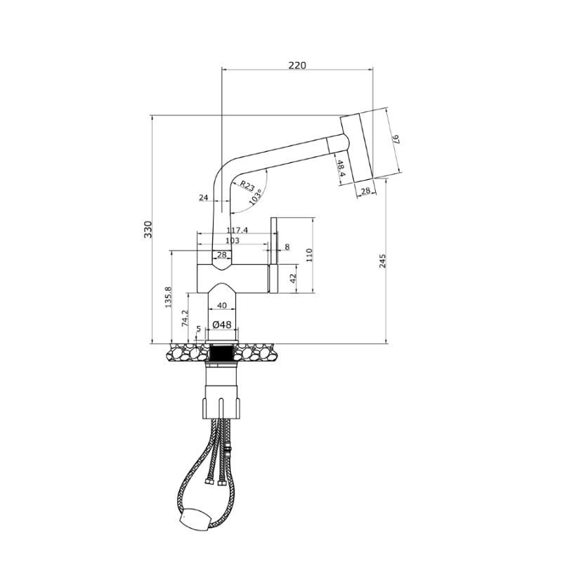Kích thước rửa bát nóng lạnh Konox Volta Chrome có dây rút Kích thước rửa bát nóng lạnh Konox Volta Chrome có dây rút
