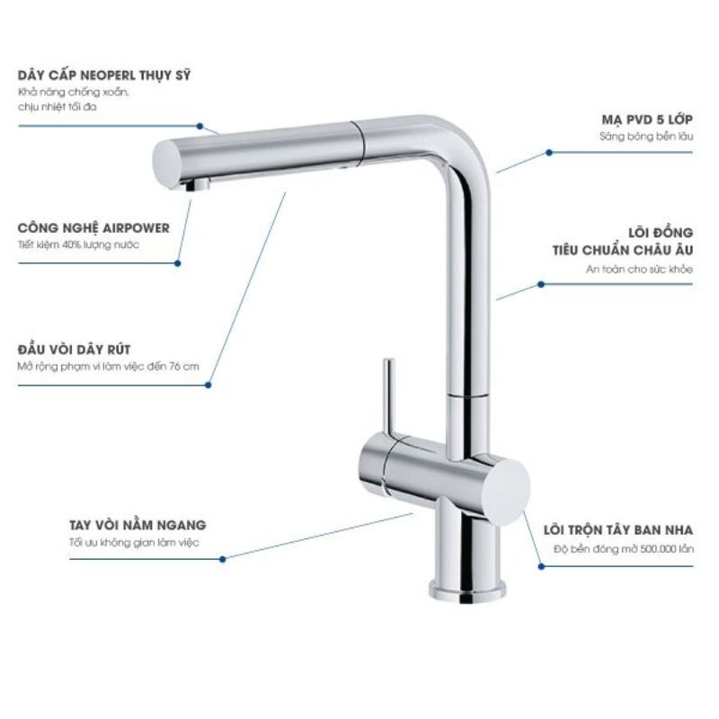 Thiết kế vòi rửa bát nóng lạnh Konox KN1337 có dây rút Thiết kế vòi rửa bát nóng lạnh Konox KN1337 có dây rút
