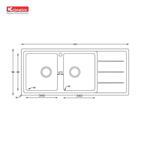 Kích thước chậu rửa bát inox 2 hố Konox Beta 1160 Bàn Phải