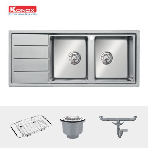 Chi tiết chậu rửa bát inox 2 hố Konox Beta 1160 Bàn trái