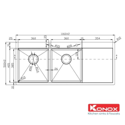 Kích thước chậu rửa bát Konox Workstation – Topmount KN11650TD Bàn phải