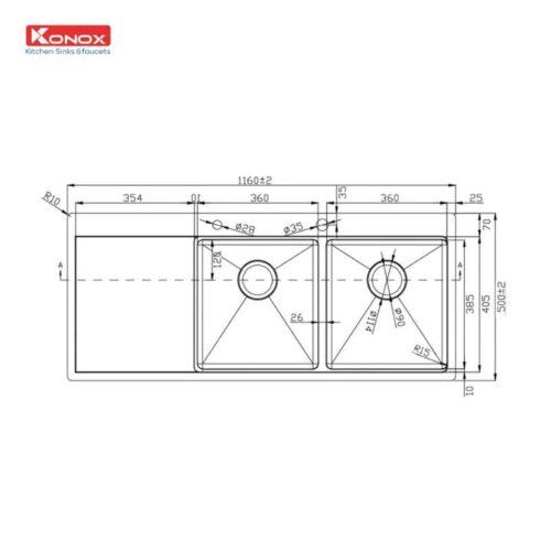 Kích thước chậu rửa bát Konox Workstation – Topmount KN11650TD Bàn trái