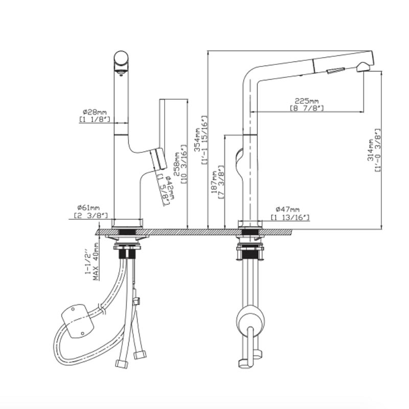 Kích thước vòi rửa bát nóng lạnh Kluger KLF0001B có dây rút Kích thước vòi rửa bát nóng lạnh Kluger KLF0001B có dây rút