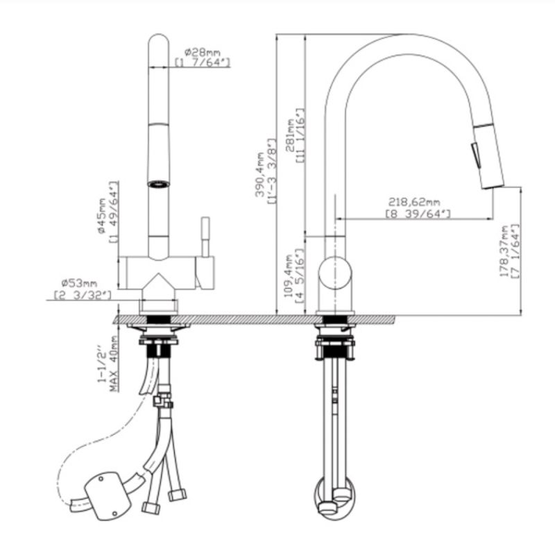 Kích thước vòi rửa bát nóng lạnh Kluger KLF0008S có dây rút Kích thước vòi rửa bát nóng lạnh Kluger KLF0008S có dây rút