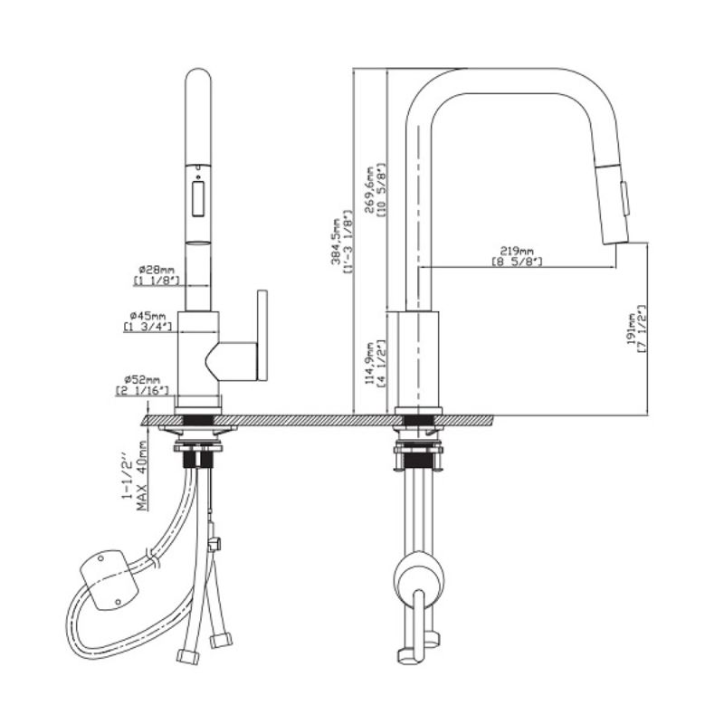 Kích thước vòi rửa bát nóng lạnh Kluger KLF0011C có dây rút Kích thước vòi rửa bát nóng lạnh Kluger KLF0011C có dây rút