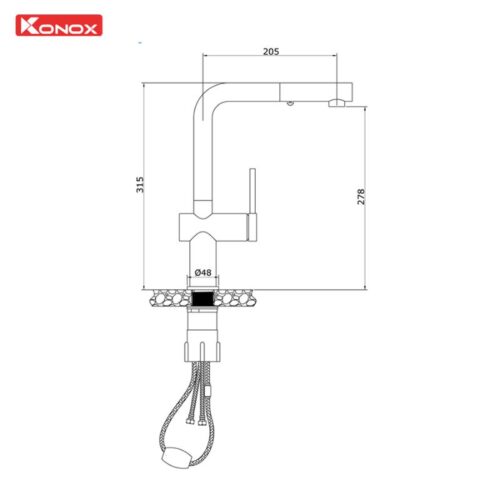 Vòi rửa bát nóng lạnh Konox Stream Chrome có dây rút 3 Kích thước vòi rửa bát nóng lạnh Konox Stream Chrome có dây rút