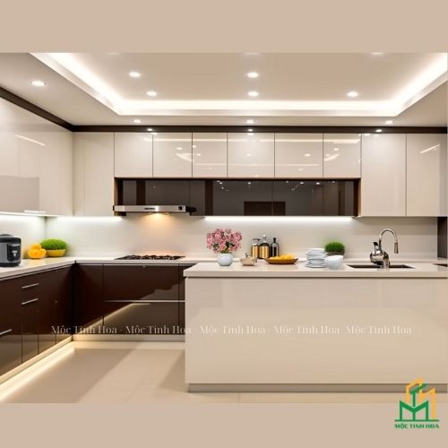 Mẫu tủ bếp Inox cánh Acrylic CA08 - Tủ bếp chữ L, hiện đại