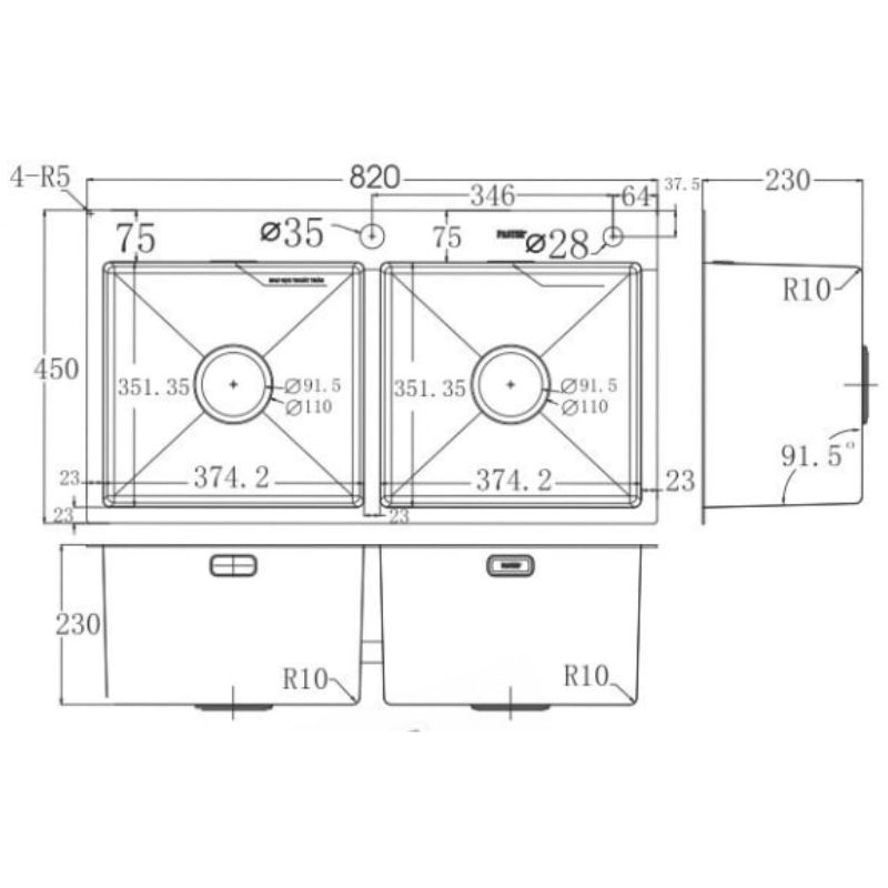 Kích thước chậu rửa bát Faster FS8245HB Kích thước chậu rửa bát Faster FS8245HB