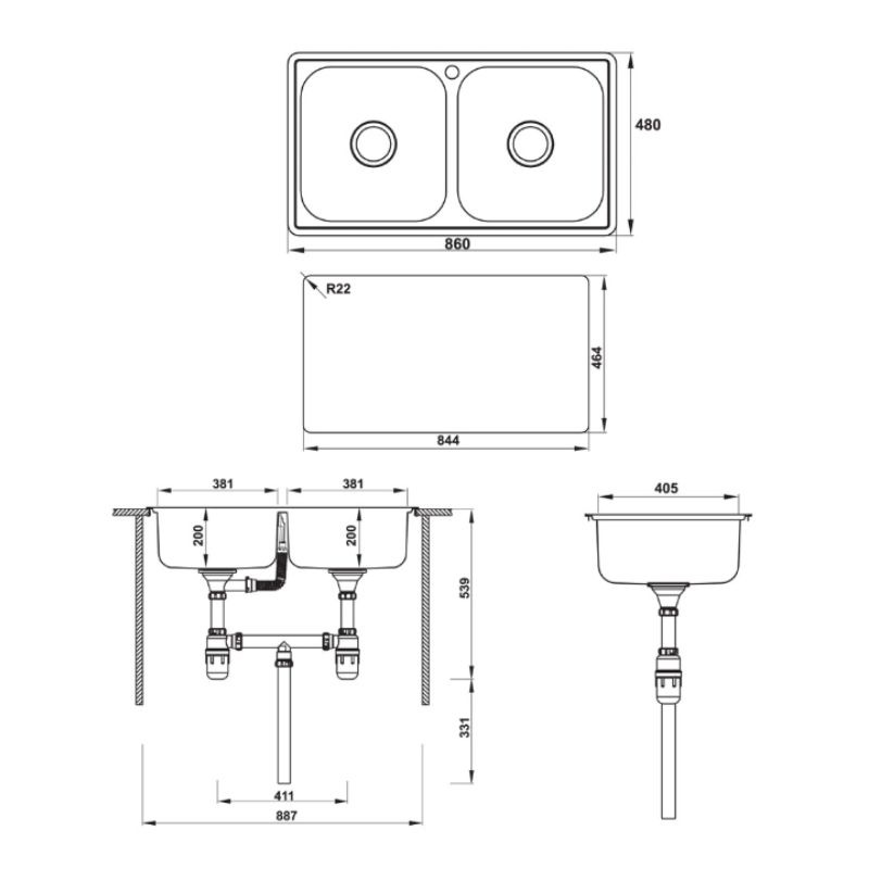 Kích thước chậu rửa chén bát Hafele CLAUDIUS HS-SD8648 567.20.493 Kích thước chậu rửa chén bát Hafele CLAUDIUS HS-SD8648 567.20.493