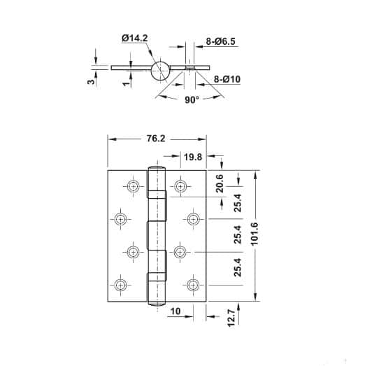 Kích thước của Bản lề lá 2 vòng bi 70Kg Hafele 926.20.881 Kích thước của Bản lề lá 2 vòng bi 70Kg Hafele 926.20.881