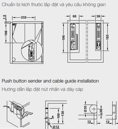 Bộ tay nâng Free Flap 3.15 E Hafele 372.29.702 nắp trắng 3 Kích thước của Bộ tay nâng Free Llap 3.15 E Hafele 372.29.702 nắp trắng