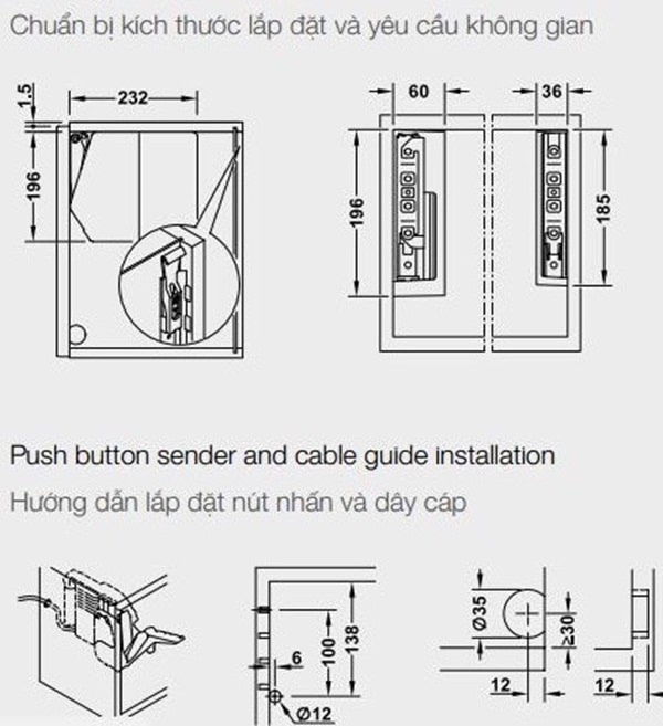 Kích thước của Bộ tay nâng Free Llap 3.15 E Hafele 372.29.702 nắp trắng Kích thước của Bộ tay nâng Free Llap 3.15 E Hafele 372.29.702 nắp trắng