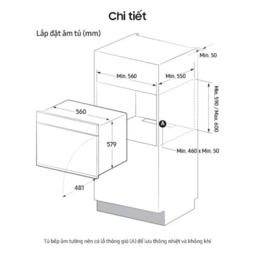 Kích thước lắp đặt lò nướng âm tủ 76 lít Samsung NV7B41201AS/SV