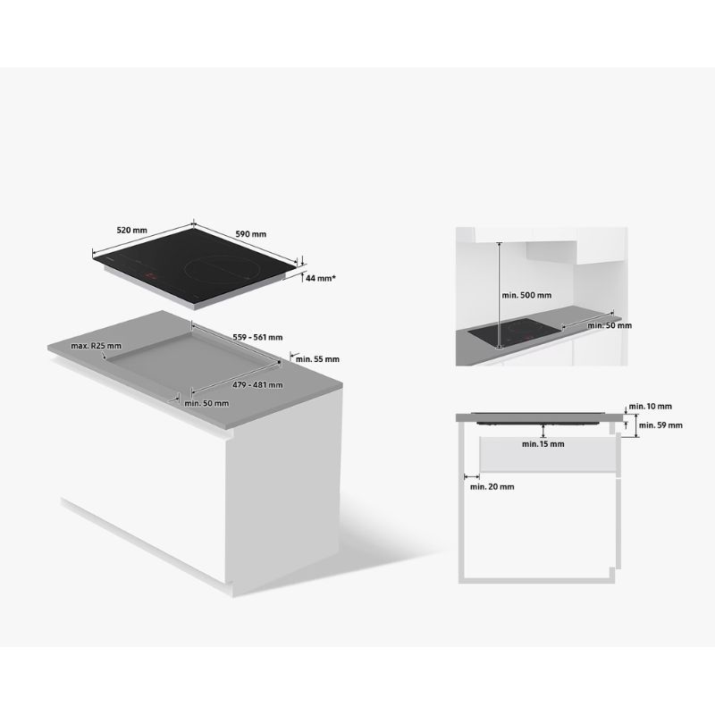 Kích thước bếp từ 3 vùng nấu Samsung NZ63B5046FK/SV lắp âm Kích thước bếp từ 3 vùng nấu Samsung NZ63B5046FK/SV lắp âm