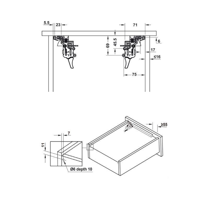 Kích thước ray âm EPC Evo 450mm giảm chấn Hafele 433.32.074 Kích thước ray âm EPC Evo 450mm giảm chấn Hafele 433.32.074