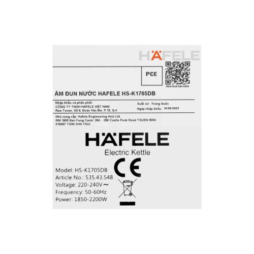 Bình đun siêu tốc Hafele 1.7L HS-K1705DB 535.43.548 8 Thông số kĩ thuật bình đun siêu tốc Hafele 1.7L HS-K1705DB 535.43.548