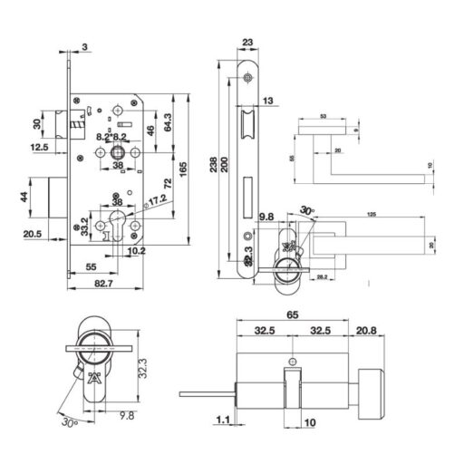 Kích thước bộ khóa tay nắm nắp chụp Hafele 499.63.803 Kích thước bộ khóa tay nắm nắp chụp Hafele 499.63.803