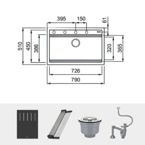 Kích thước chậu rửa bát đá 1 hố Konox Terra 790S
