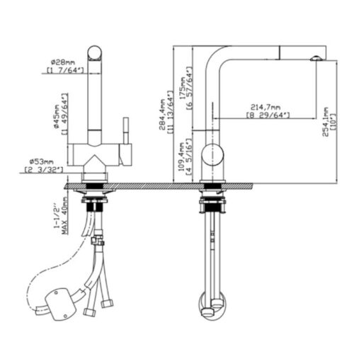 Vòi rửa bát nóng lạnh Kluger KLF0013C có dây rút 5 Kích thước vòi rửa bát nóng lạnh Kluger KLF0013C có dây rút