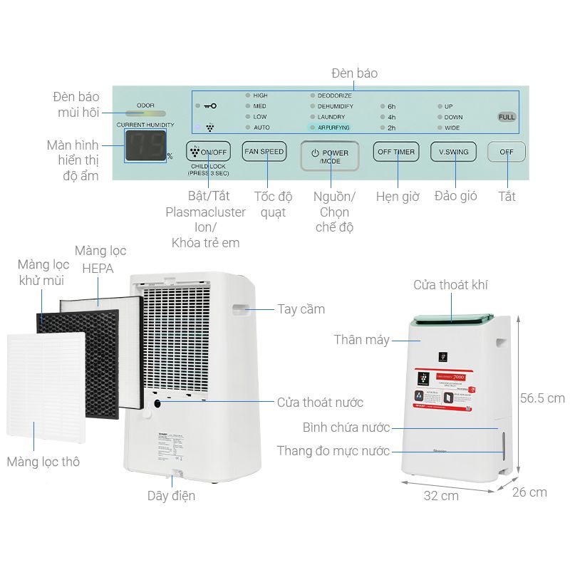 Kích thước máy lọc không khí và hút ẩm Sharp DW-E16FA-W Kích thước máy lọc không khí và hút ẩm Sharp DW-E16FA-W