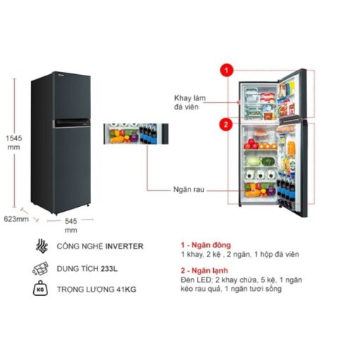 Tủ Lạnh 2 cánh Inverter 233 Lít Toshiba GR-RT303WE-PMV(52) 4 kich thuoc tu lanh 2 canh inverter 233 lit toshiba gr rt303we pmv52
