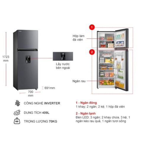 Tủ Lạnh 2 cánh Inverter 409 Lít Toshiba GR-RT535WEA-PMV(06)-MG 4 kich thuoc tu lanh 2 canh inverter 409 lit toshiba gr rt535wea pmv06 mg