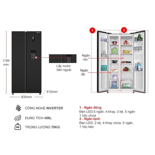 kich thuoc tu lanh 2 canh side by side inverter 458 lit casper rs 460pbw