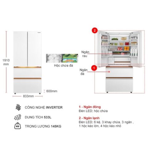 kich thuoc tu lanh 4 canh multi doors inverter 533 lit toshiba gr rf690wi pgv67
