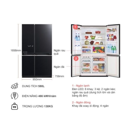 kich thuoc tu lanh 4 canh multi doors inverter 580 lit mitsubishi mr l72en gbk v