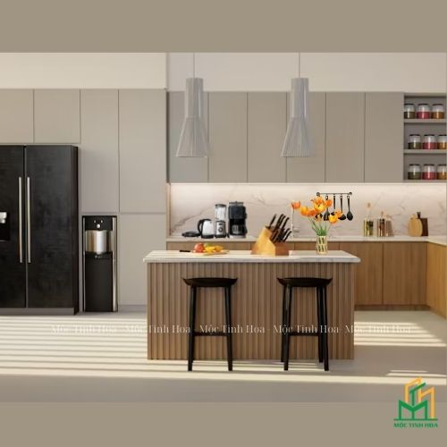 Mẫu tủ bếp Inox cánh Acrylic CA10 - Tủ bếp chữ L, hiện đại
