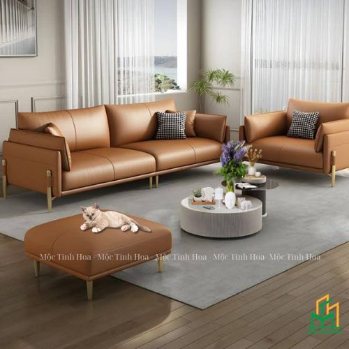 Phòng khách nhà phố với bộ ghế sofa da ấn tượng
