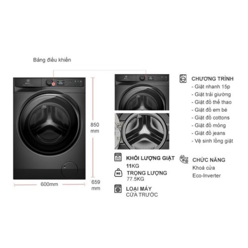 kich thuoc may giat electrolux inverter 11 kg ewf1142r9sc cua truoc
