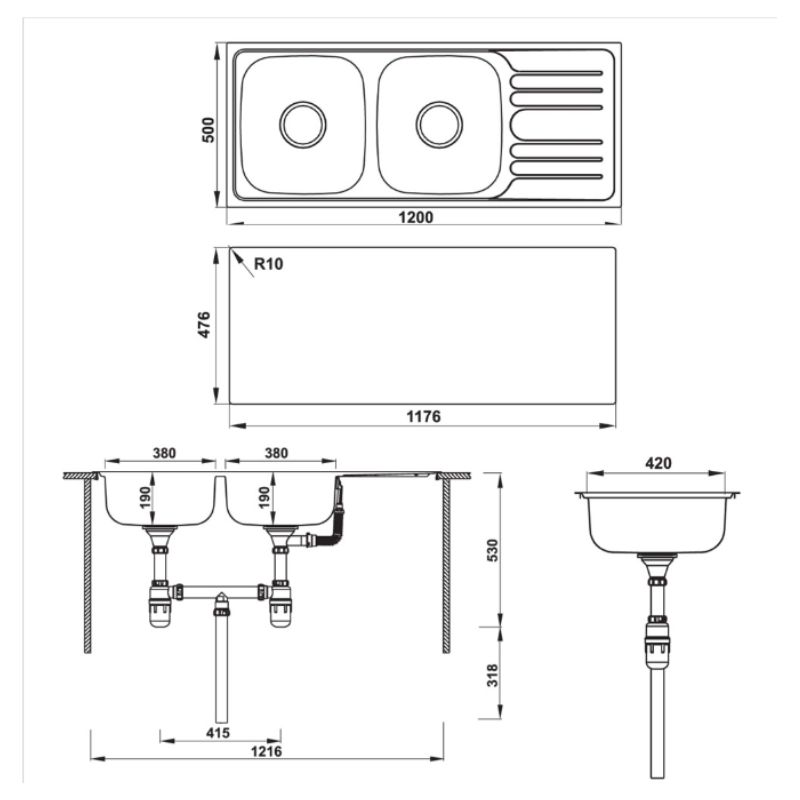 Kích thước chậu rửa chén bát Hafele CLAUDIUS HS-SD12050 567.20.513 Kích thước chậu rửa chén bát Hafele CLAUDIUS HS-SD12050 567.20.513