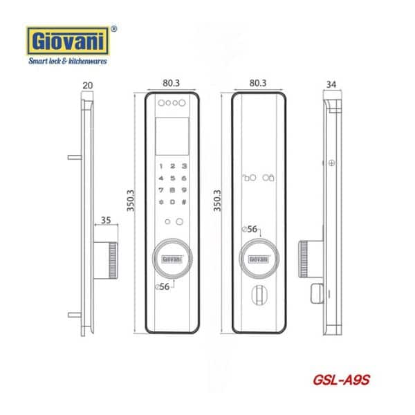 Kích thước của Khóa điện tử thông minh Giovani GSL-A9S Kích thước của Khóa điện tử thông minh Giovani GSL-A9S