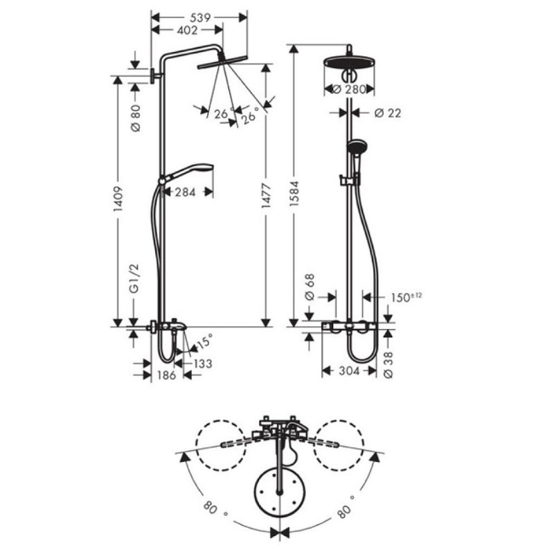 Kích thước Cây sen tắm đứng Croma Select S280 có xả bồn Hafele 589.52.310 Kích thước Cây sen tắm đứng Croma Select S280 có xả bồn Hafele 589.52.310