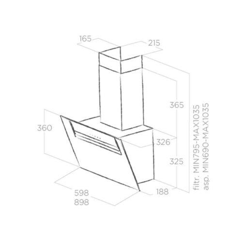 Máy hút mùi áp tường Elica SHEEN-S BL/A/90 PRF0166929 3 Kích thước máy hút mùi áp tường Elica PRF0166929