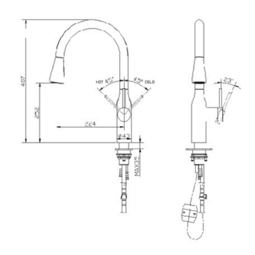 Vòi rửa bát nóng lạnh Paul Schmitt PA320KB có dây rút 3 Kích thước vòi rửa bát nóng lạnh Paul Schmitt PA320KB có dây rút