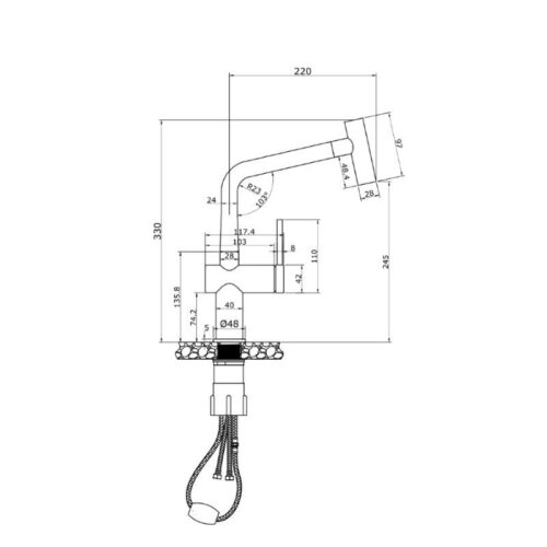 Vòi rửa bát nóng lạnh Konox Volta Nickel có dây rút 3 Kích thước vòi rửa bát nóng lạnh Konox Volta Nickel có dây rút
